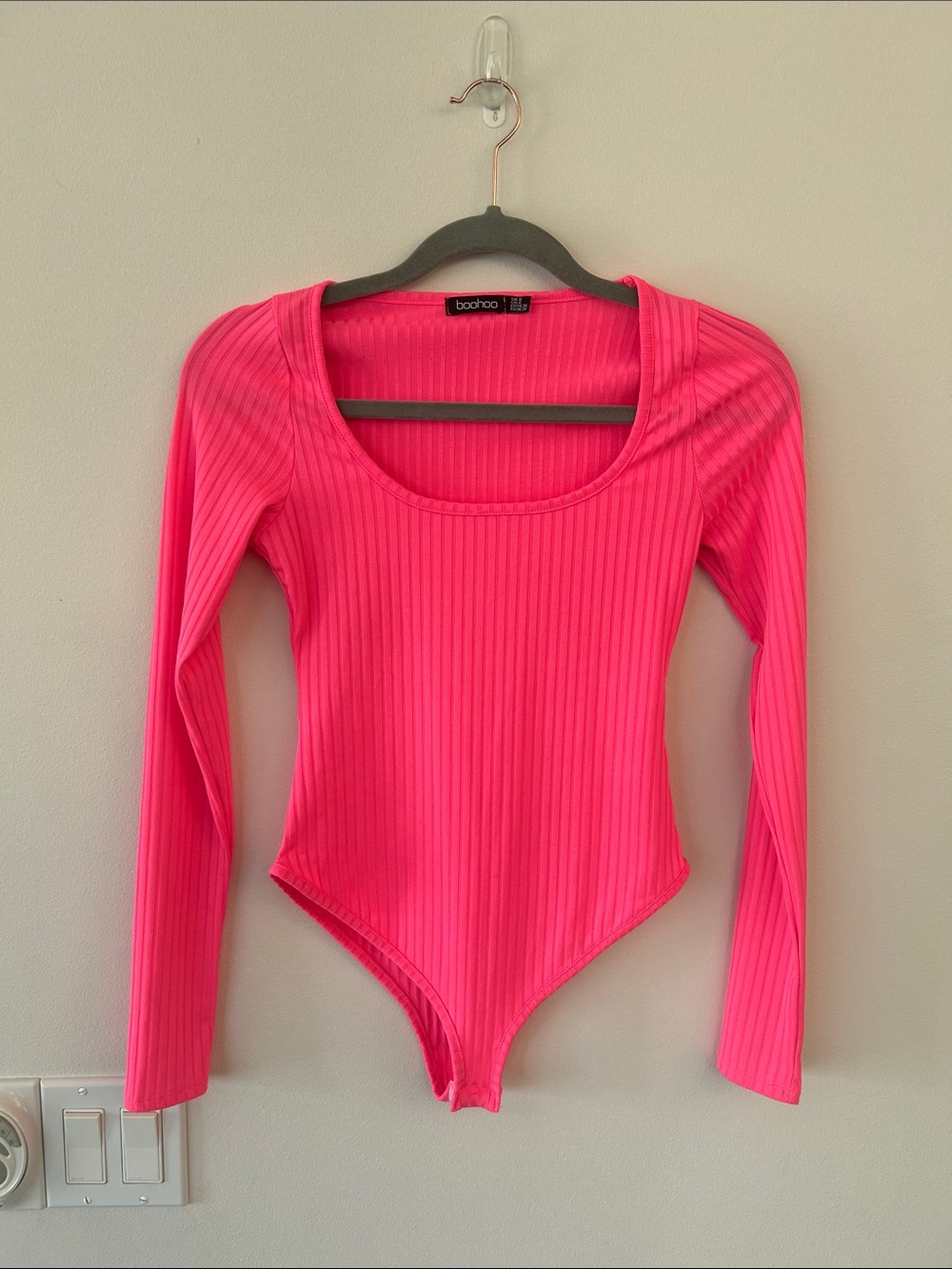 Boohoo Neon Pink Ribbed Long Sleeve Bodysuit